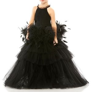Mac Duggal Girls Black Tulle Layered Ball Gown with Feather Accents
